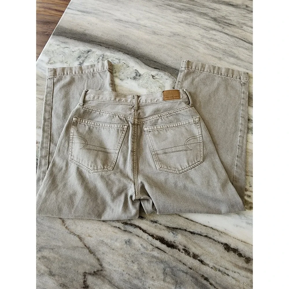 American Eagle Wide Leg Crop Jeans Green Khaki Button Fly Patch Pocket Size 4